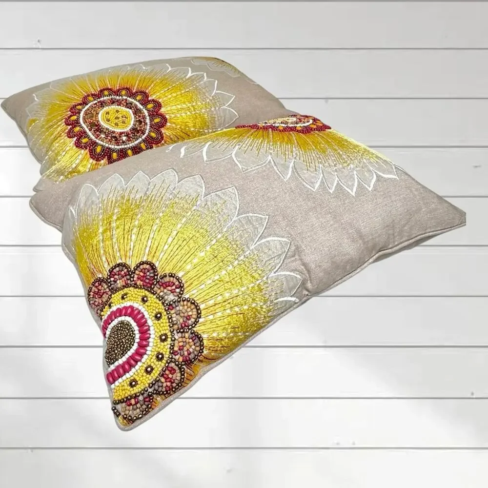 Pier 1 Imports Pillows Lumbar Throw Embroidered Beaded Sunflowers Two 19” x 14”